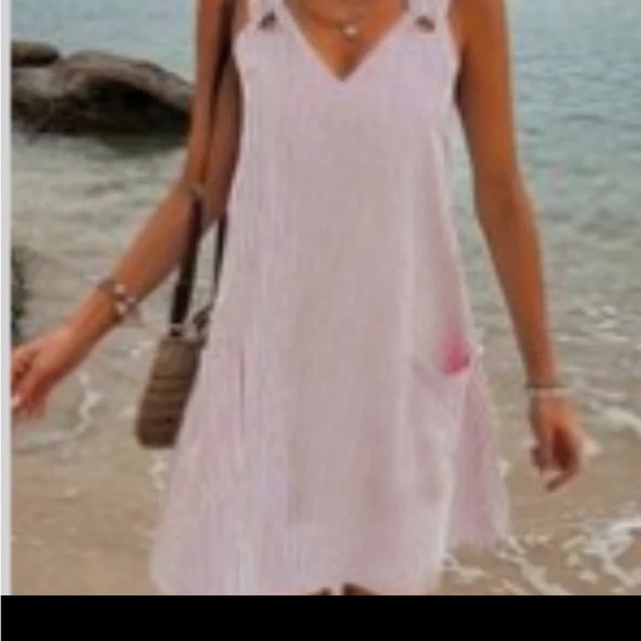 New! Women Sleeveless Red/White Striped Print Ring Decor Dress, Casual Pockets - Picture 10 of 10